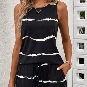 Black and White Casual Women's Printed Sleeveless Top And Shorts Set